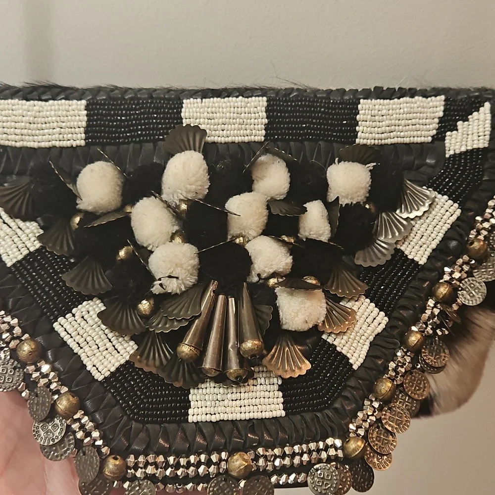 Anthropologie Ibban Calf Hair‎ Leather Black and White Beaded Women's Purse.